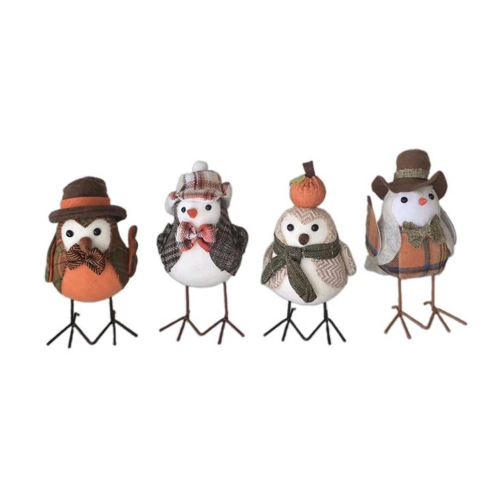 Set Of 4 Thanksgiving Fall Harvest Fabric Felt Bird Figurines Autumn Pumpkin